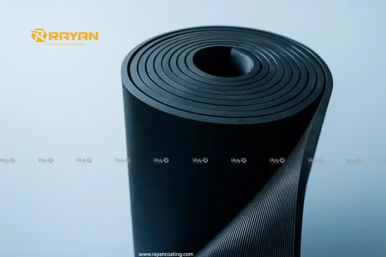 عکس رول کفپوش عایق برق مشکی با سطح شیاردار مطابق استاندارد IEC 61111 روی پس‌زمینه آبی روشن