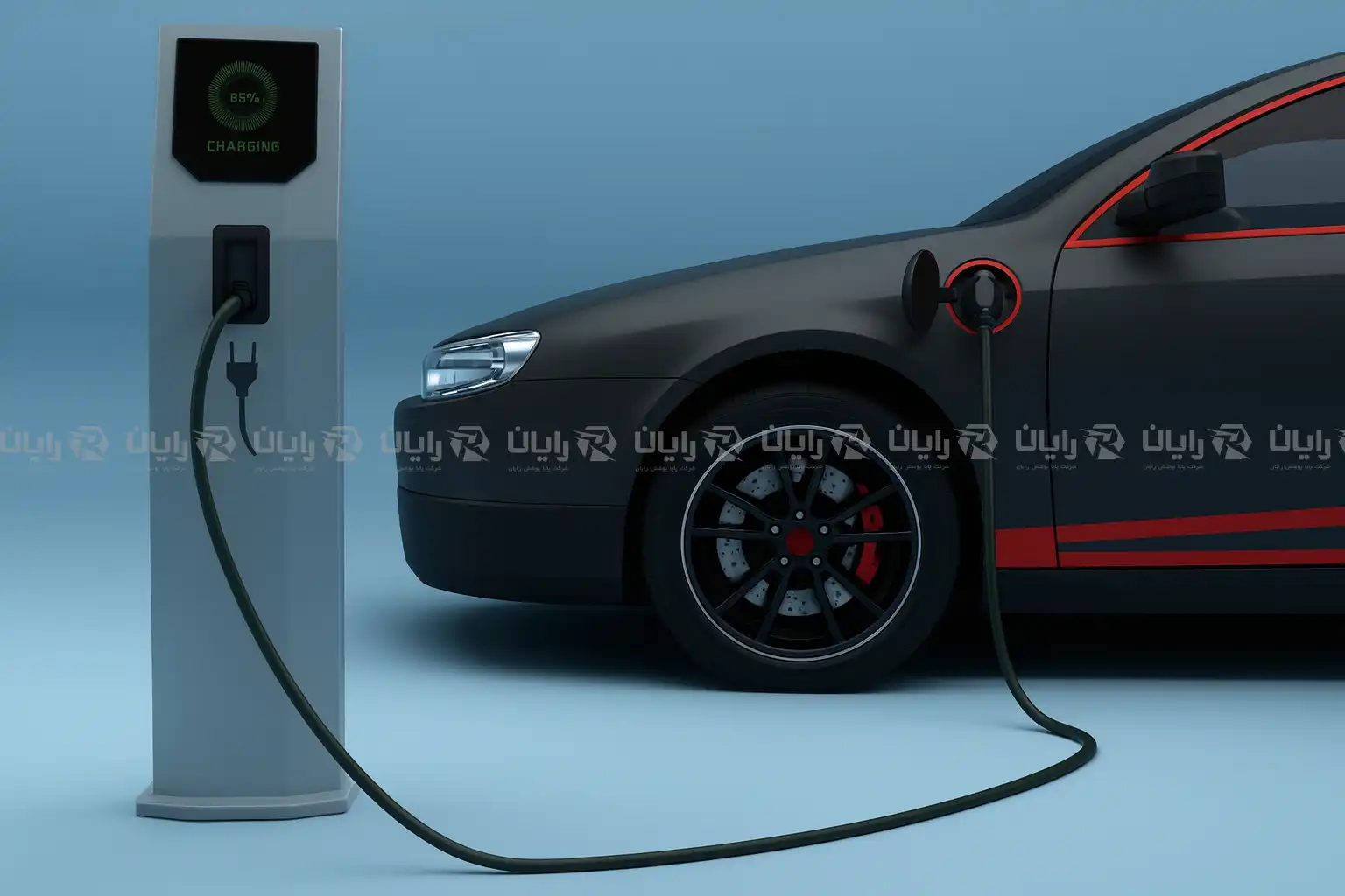 عکس عبور کابل شارژ خودرو برقی از زیر کفپوش عایق برق برای جلوگیری از گیر کردن پا