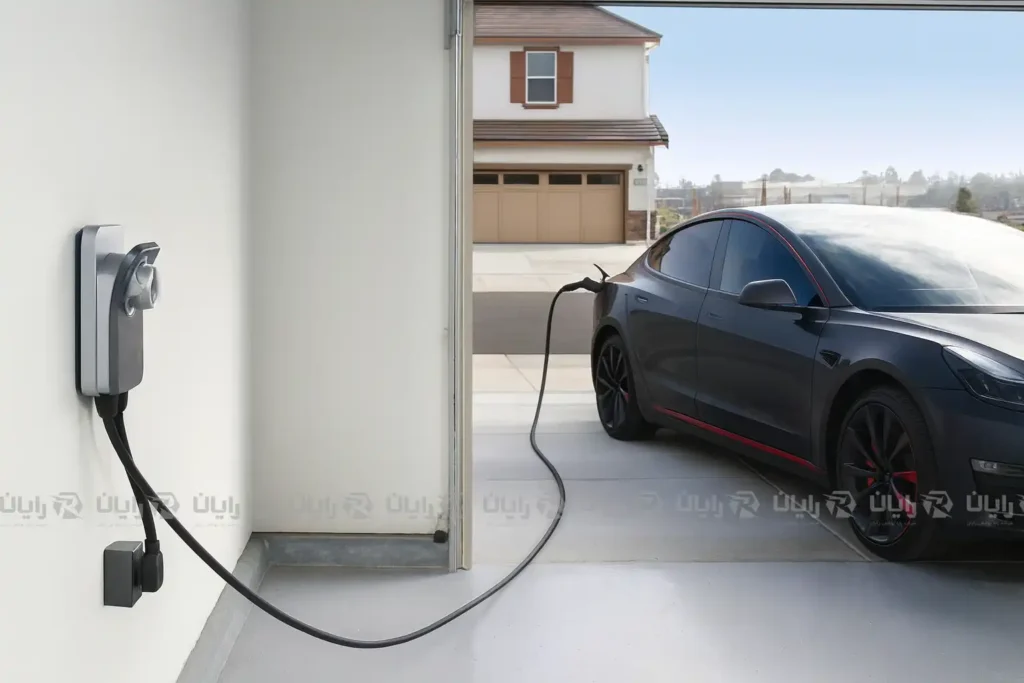 عکس خودروی برقی در پارکینگ خانگی روی کفپوش عایق برق در حال شارژ