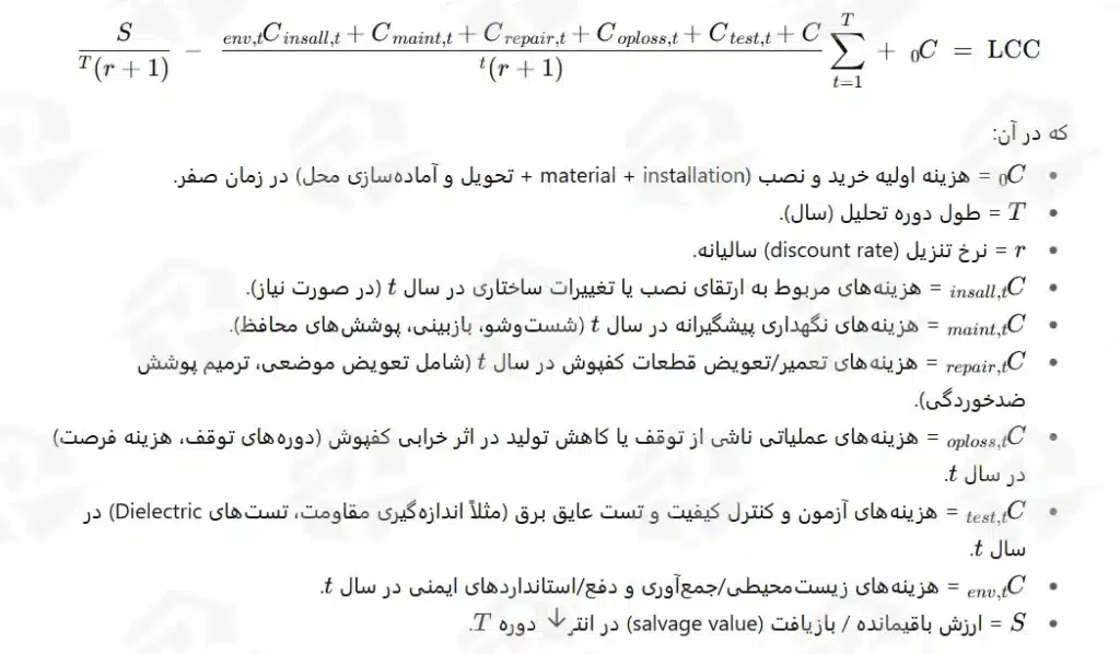 عکس فرمول نمونه برای محاسبه هزینه چرخه عمر کفپوش عایق برق