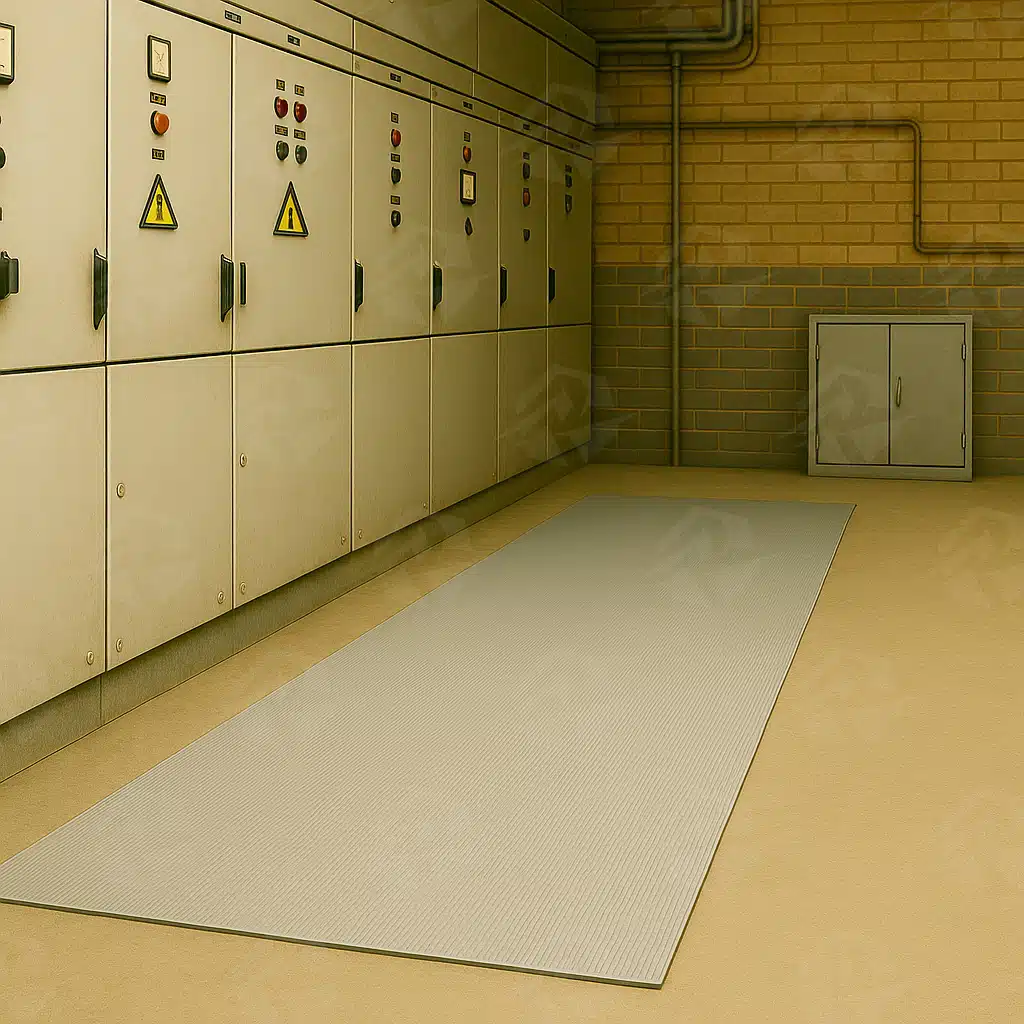 عکس کفپوش عایق برق در برابر تابلوهای برق در اتاق کنترل