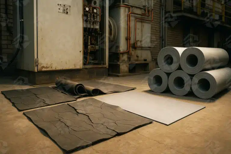 عکس مقایسه کفپوش‌های لاستیکی فرسوده با رول‌های نو عایق برق در محیط صنعتی