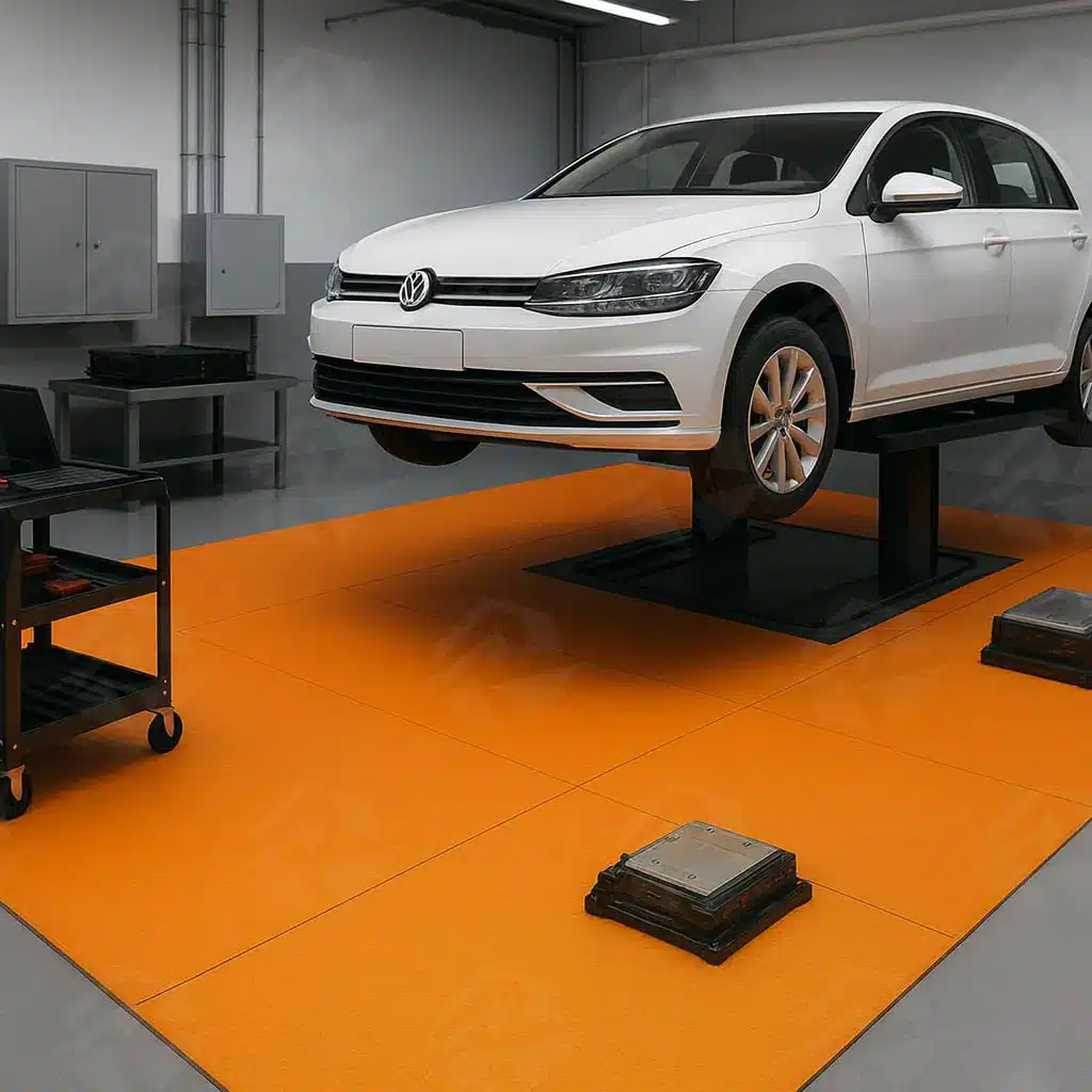 عکس خودروی فولکس‌واگن روی جک بالابر در تعمیرگاه خودرو های برقی