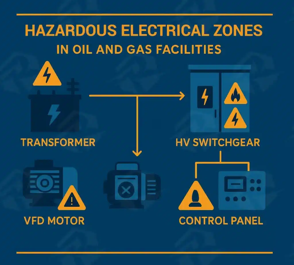 عکس اینفوگرافیک مناطق خطرناک برق در تاسیسات نفت و گاز