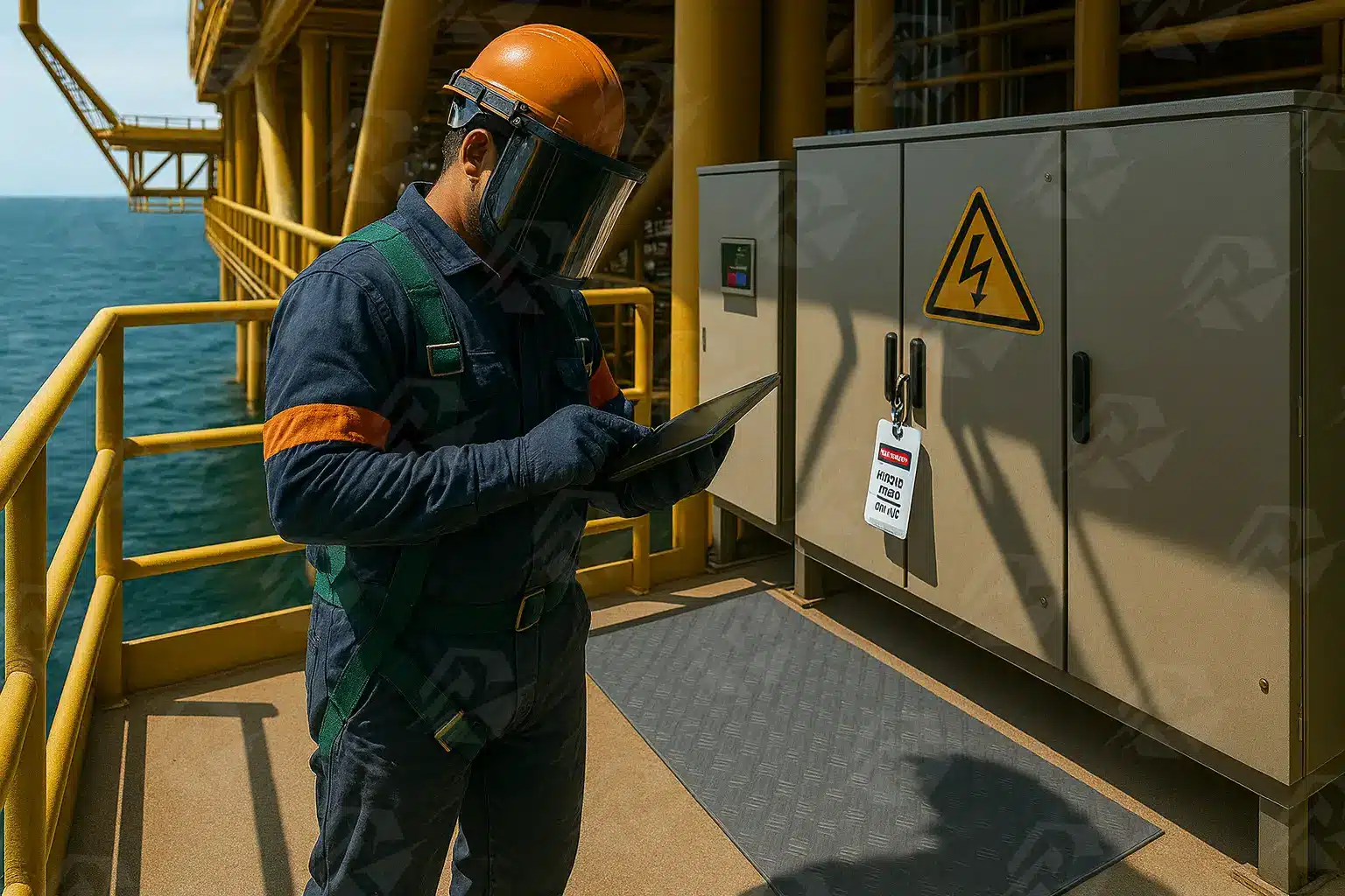 عکس بازرس HSE در حال انجام فرآیند قفل-برچسب‌گذاری (LOTO)